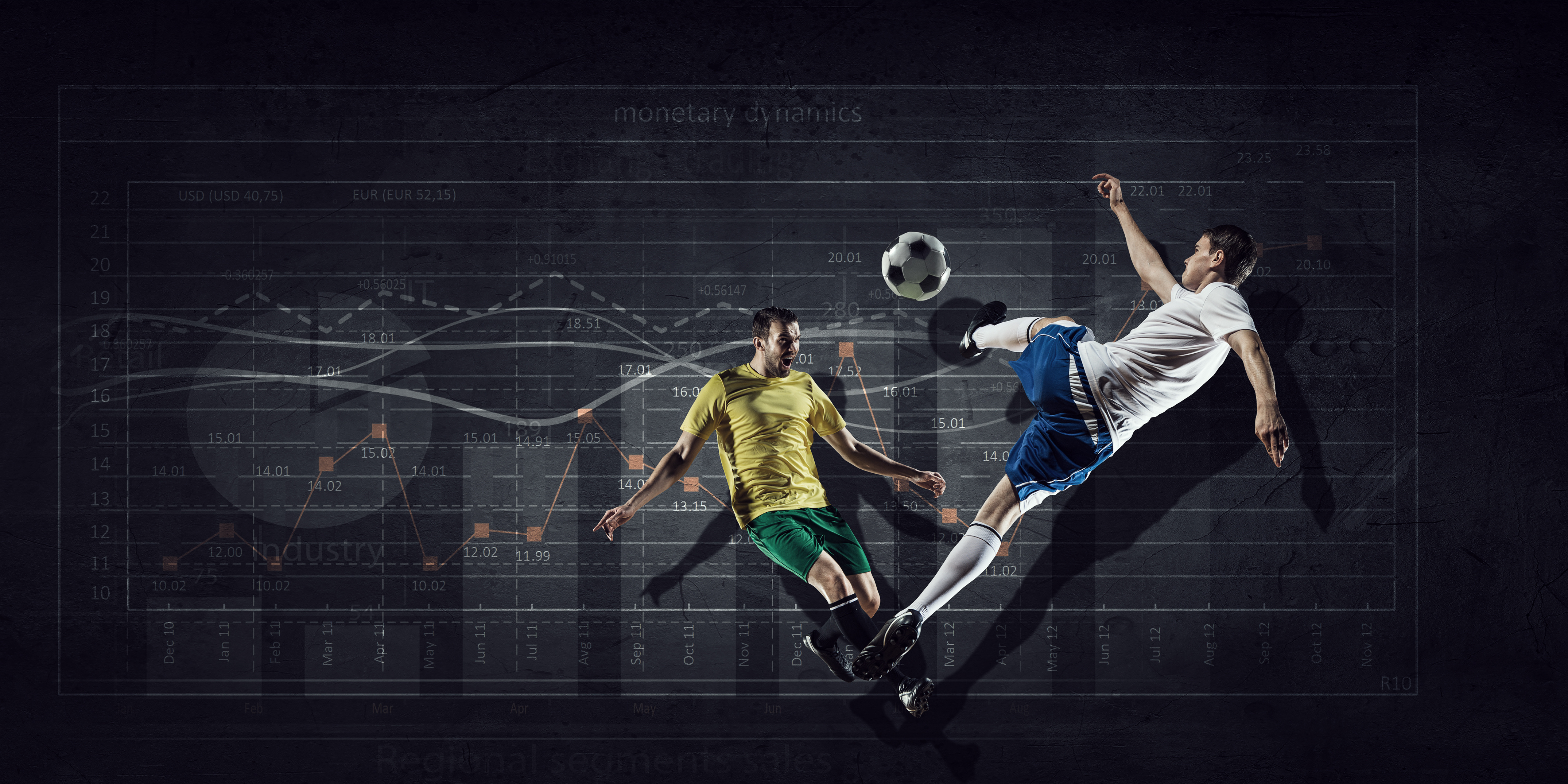 Two soccer players in front of a background of performance data.