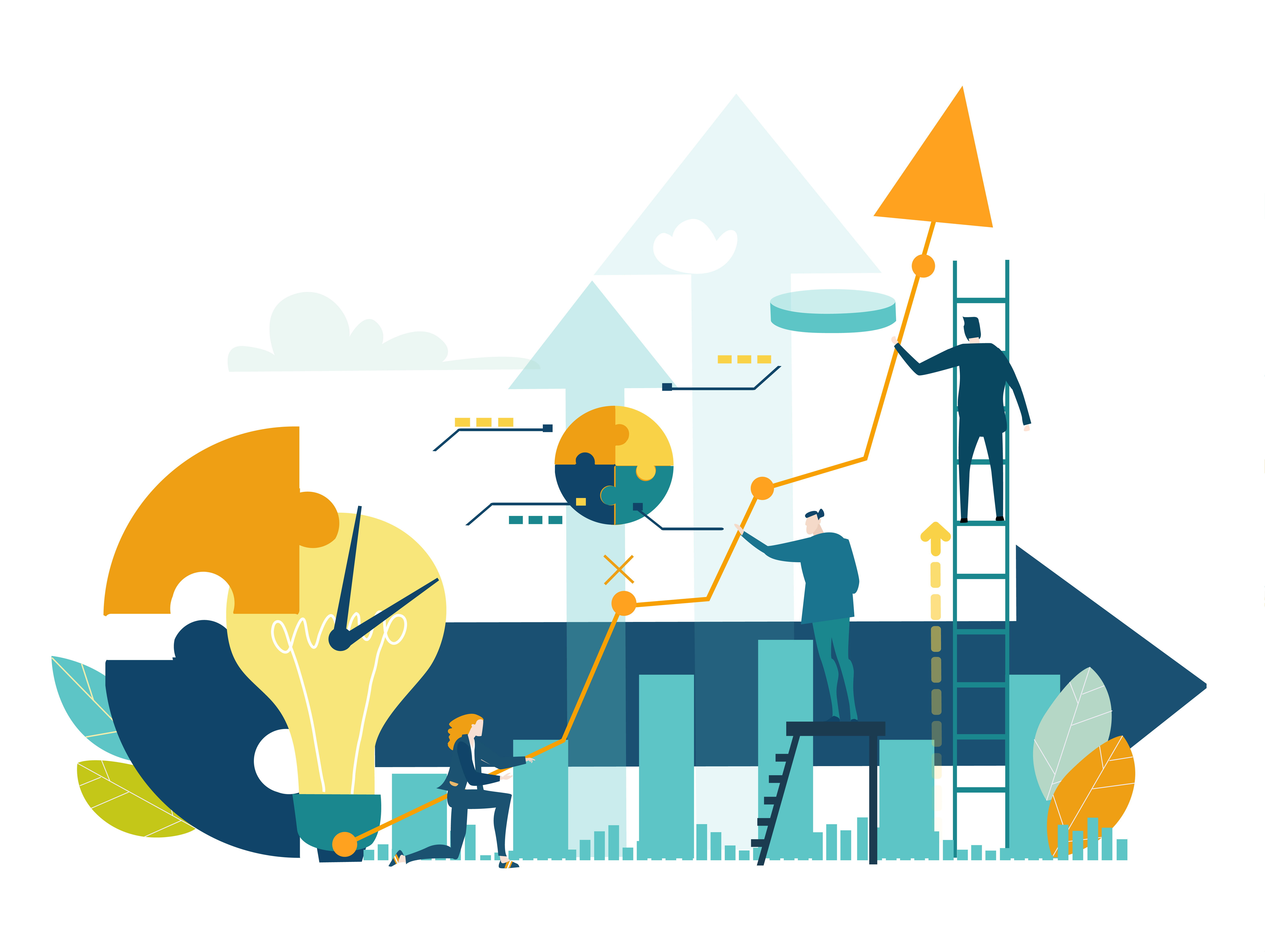 Cartoon of business men constructing: lightbulb with clock hands, large arrows going up and right, bar chart.