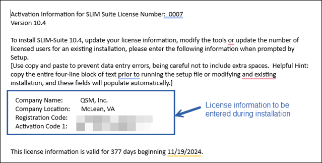 Example of SLIM-Suite license information required during installation