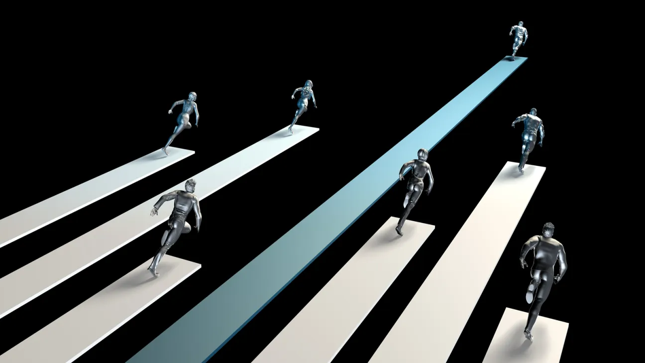 Silver people racing on graph lines