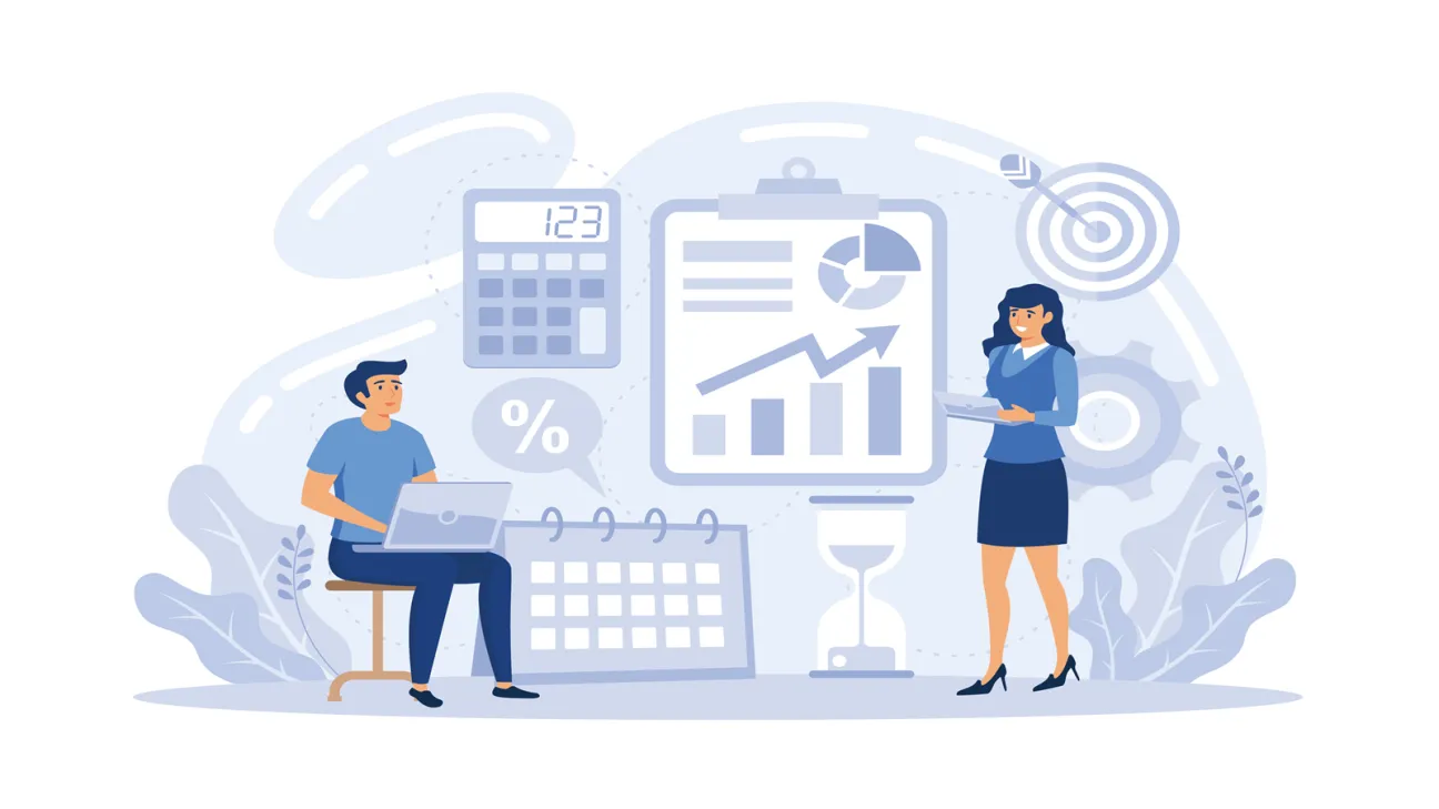 A man and a woman analyzing data