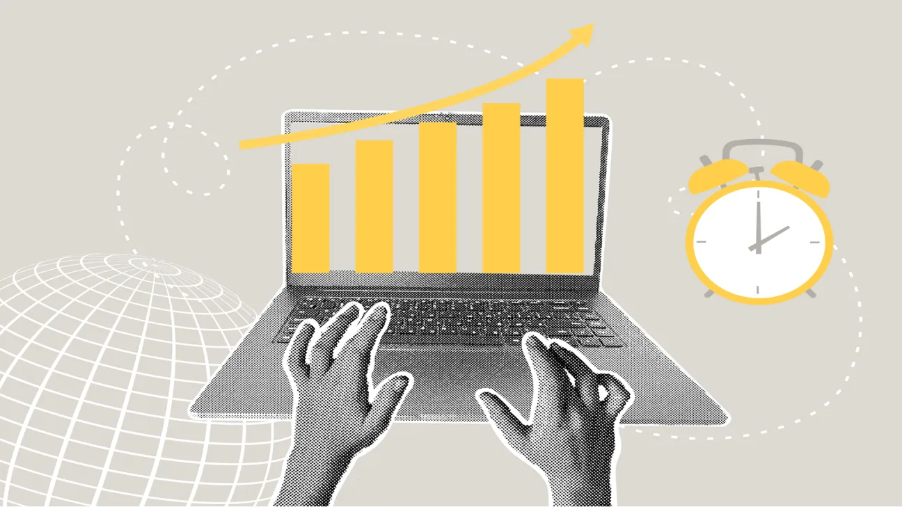 Two hands typing on black and white laptop with yellow graphs 