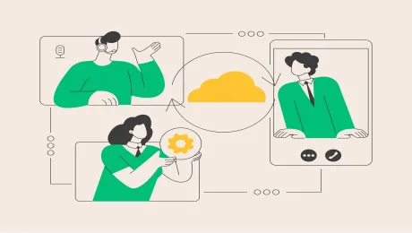 Three characters wearing green talking through computers