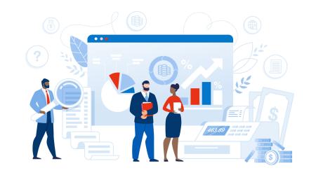 Animated image of three business folks in front of a computer with data charts.